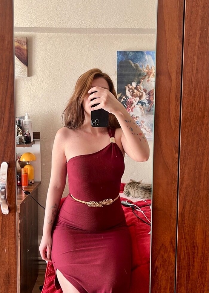 Fulla Moda Bordo Tek Omuz Elbise - Görsel 3