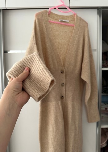 Bej Uzun Kollu Örgü Kadın Hırka - Görsel 4