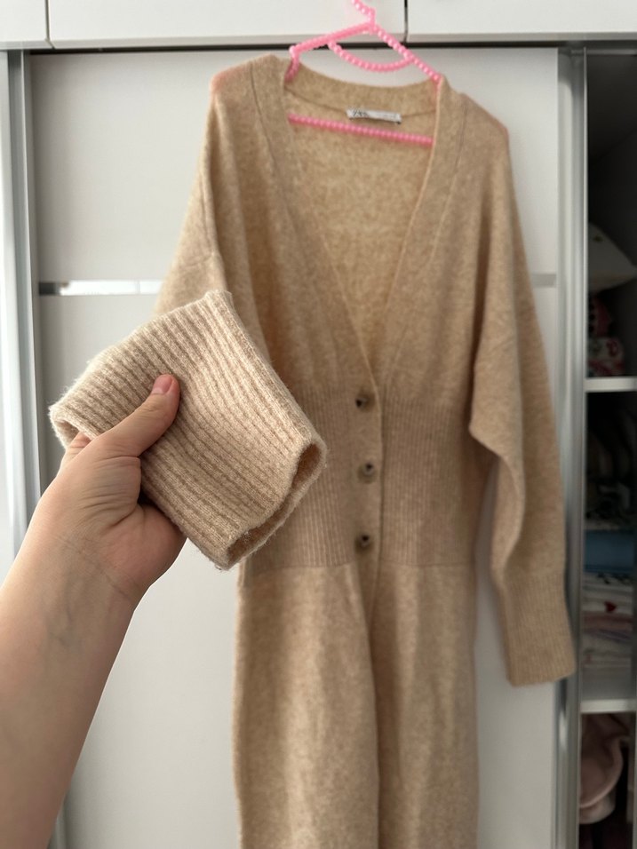 Bej Uzun Kollu Örgü Kadın Hırka - Görsel 4