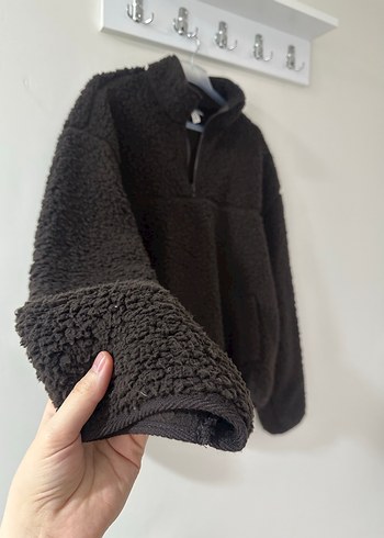 Kahverengi Peluş Kadın Ceket Yarım Fermuarlı - Görsel 3