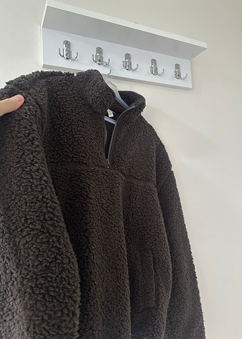 Kahverengi Peluş Kadın Ceket Yarım Fermuarlı - Görsel 2