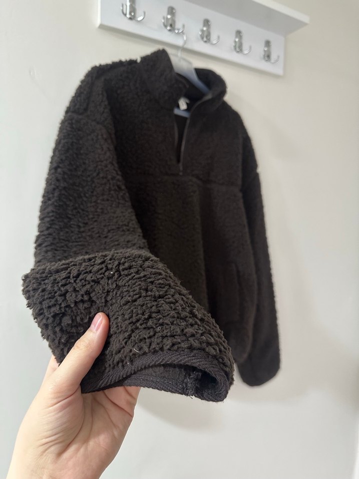 Kahverengi Peluş Kadın Ceket Yarım Fermuarlı - Görsel 3