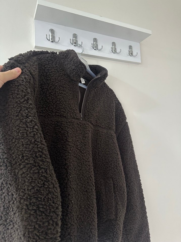 Kahverengi Peluş Kadın Ceket Yarım Fermuarlı - Görsel 2