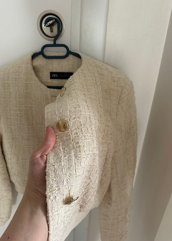 Bej Keten Mini Kadın Ceket - Görsel 3