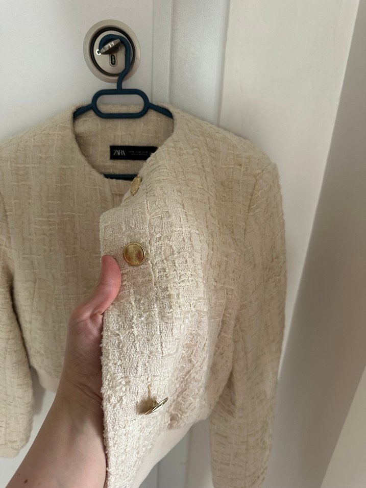 Bej Keten Mini Kadın Ceket - Görsel 3