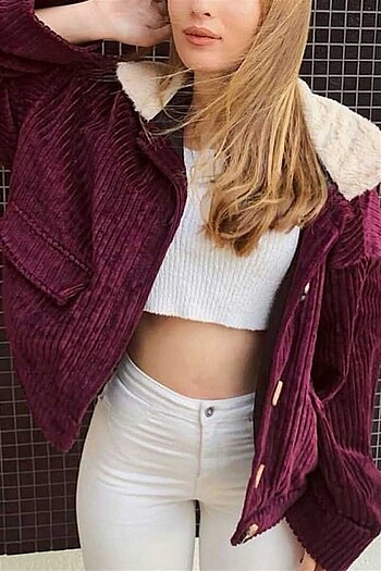 Bershka yakası kürklü kadife mont