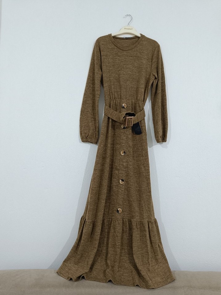 Kemerli Kahverengi Tesettür Elbise - Görsel 2