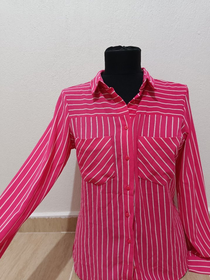 Pembe Çizgili Kadın Gömlek - Görsel 4