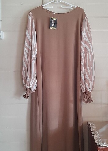 46 Beden camel Renk Etiketli Elbise