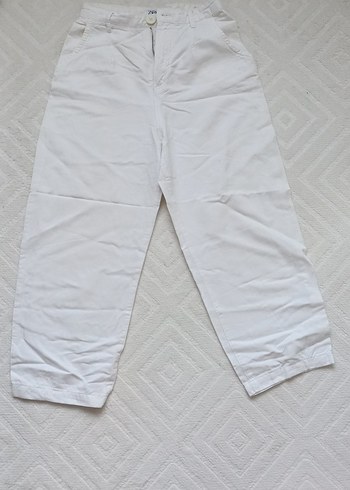 Kadın Beyaz Keten Rahat Kesim Midi Pantolon - Görsel 2