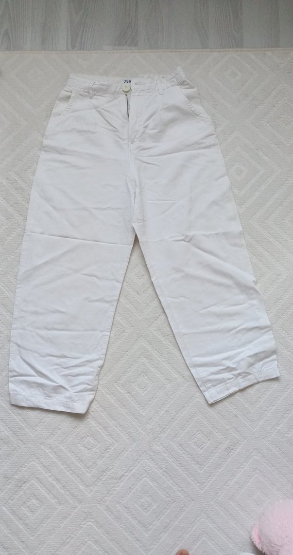 Kadın Beyaz Keten Rahat Kesim Midi Pantolon - Görsel 2