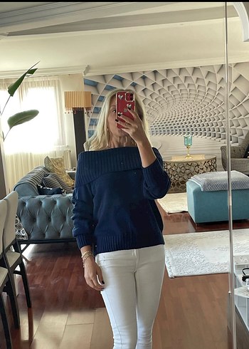 Kadın Lacivert Kayık Yaka Triko Kazak - Görsel 5