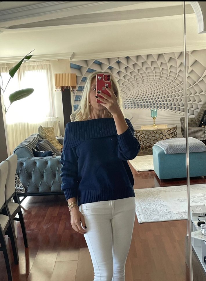 Kadın Lacivert Kayık Yaka Triko Kazak - Görsel 5