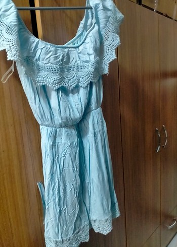 xl Beden Mavi Nakışlı Bohem kisa Elbise