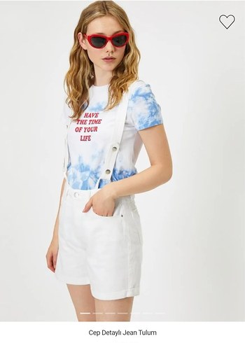 Cep Detaylı Beyaz Jean Mini Tulum - Görsel 3