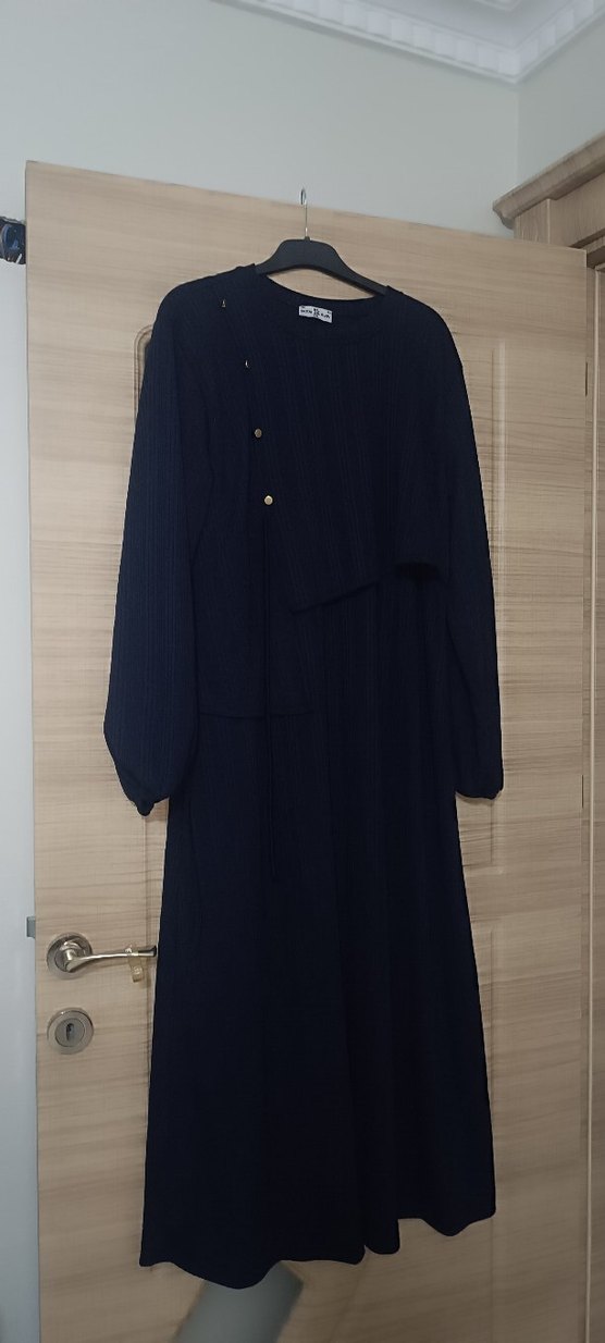 Düğmeli Siyah Kadın Uzun Keten Elbise - Görsel 2