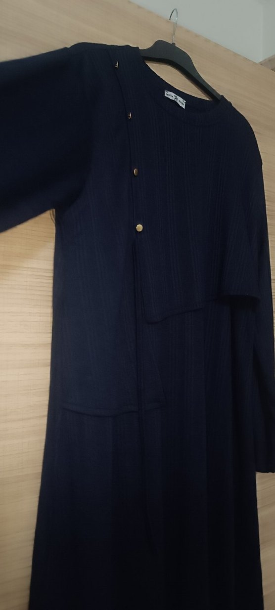 Düğmeli Siyah Kadın Uzun Keten Elbise - Görsel 3