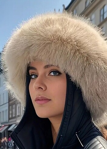 Peluş tüylü krem kış şapka