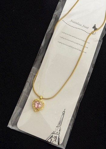 Gold çelik pembe kalp uçlu kolye - Görsel 2