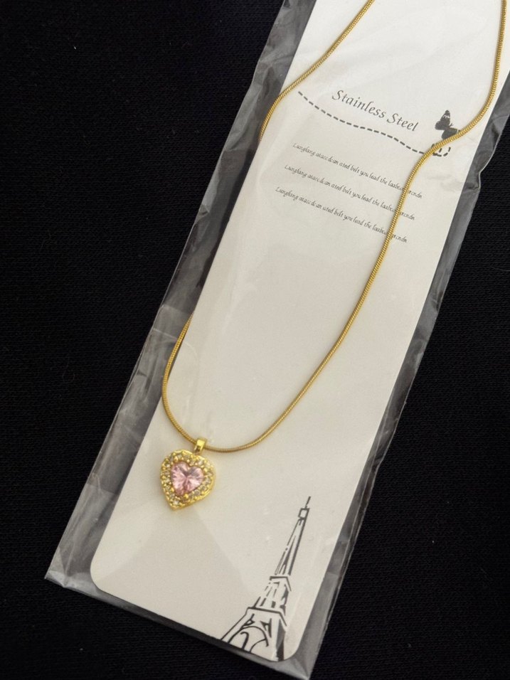 Gold çelik pembe kalp uçlu kolye - Görsel 2