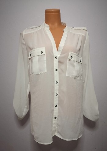 Düğmeli Beyaz Kadın V Yaka Gömlek - Görsel 2