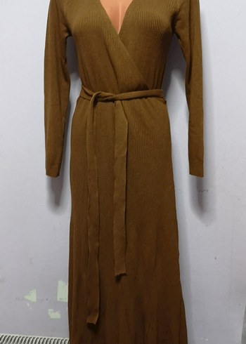 Mango Kahverengi V Yaka Kemerli Triko Elbise - Görsel 2