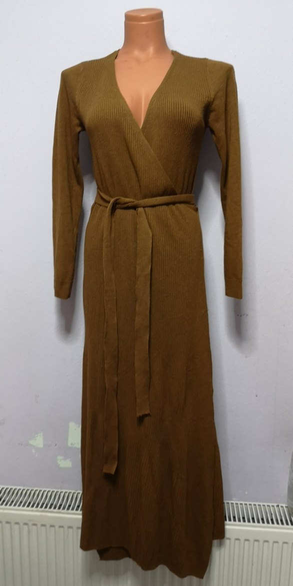 Mango Kahverengi V Yaka Kemerli Triko Elbise - Görsel 2