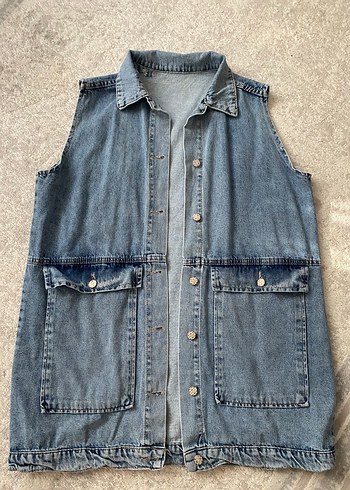 Düğmeli Kolsuz Mavi Denim Ceket