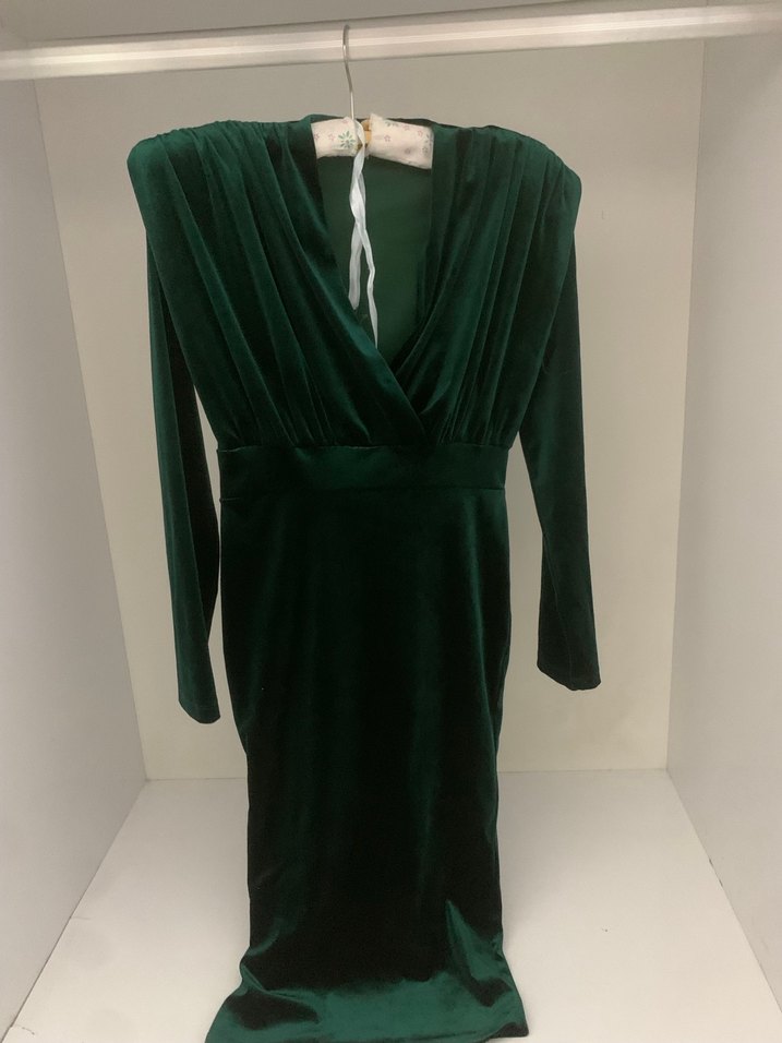 Uzun Kollu Drapeli Yeşil Kadın Elbise - Görsel 3