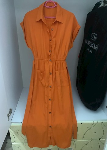 Düğmeli Turuncu Midi Elbise - Görsel 2