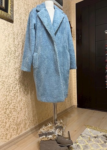 Mavi Suni Kürklü Midi Kadın Kaban - Görsel 4