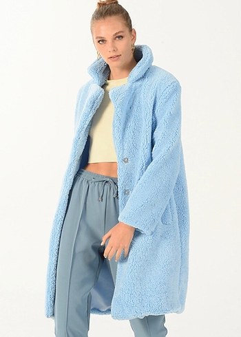 Mavi Suni Kürklü Midi Kadın Kaban - Görsel 2