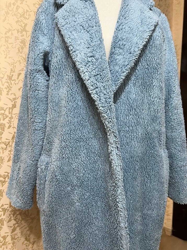 Mavi Suni Kürklü Midi Kadın Kaban - Görsel 3