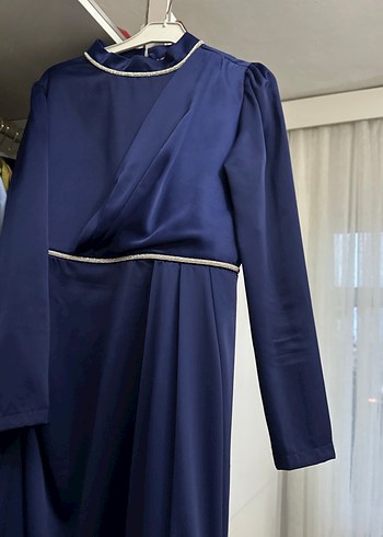 Lacivert Drapeli Uzun Kadın Abiye Elbise - Görsel 3