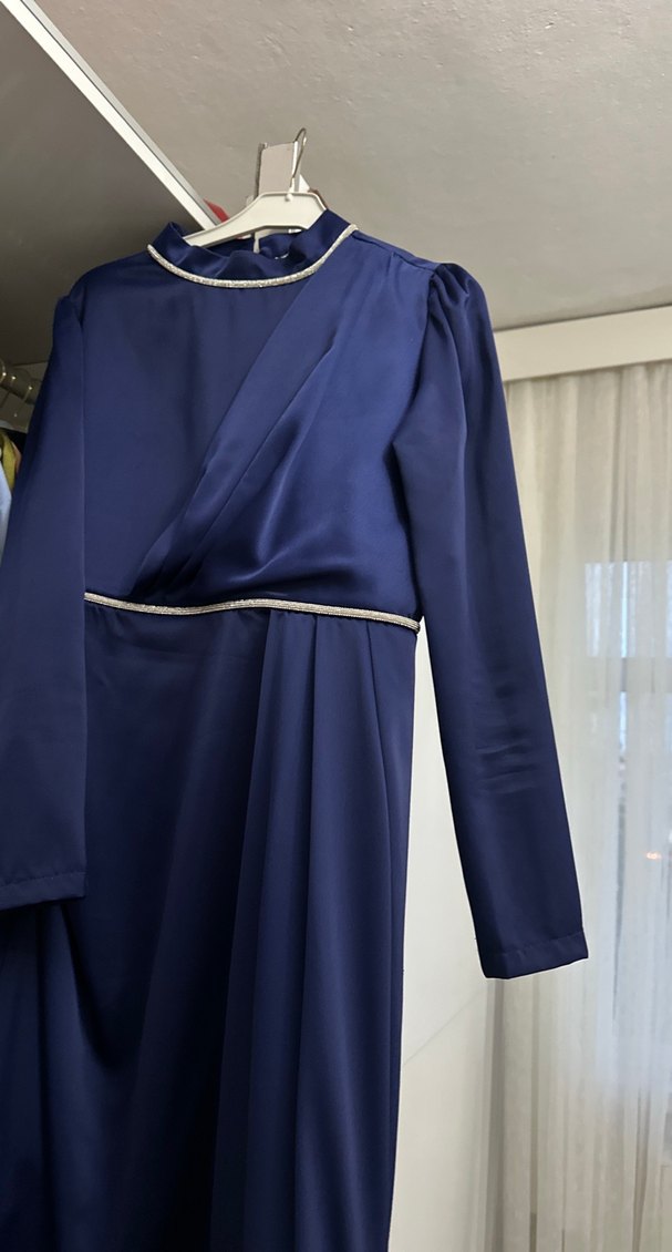 Lacivert Drapeli Uzun Kadın Abiye Elbise - Görsel 3