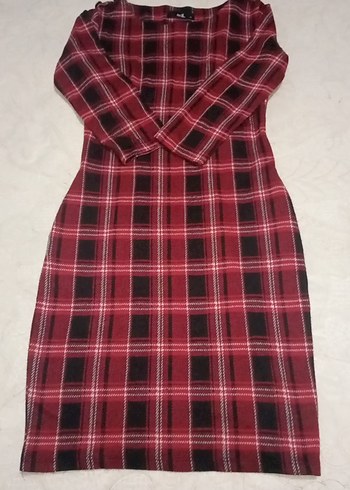 Bordo Ekose Desenli Uzun Kollu Midi Elbise - Görsel 2