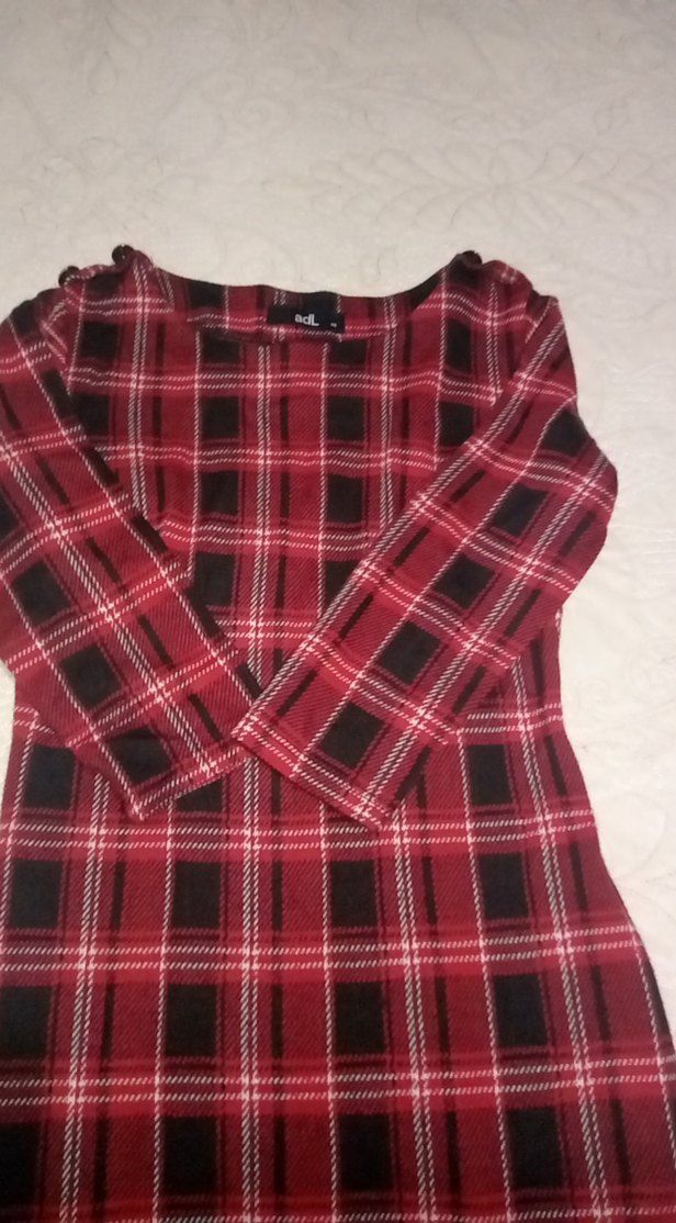 Bordo Ekose Desenli Uzun Kollu Midi Elbise - Görsel 3