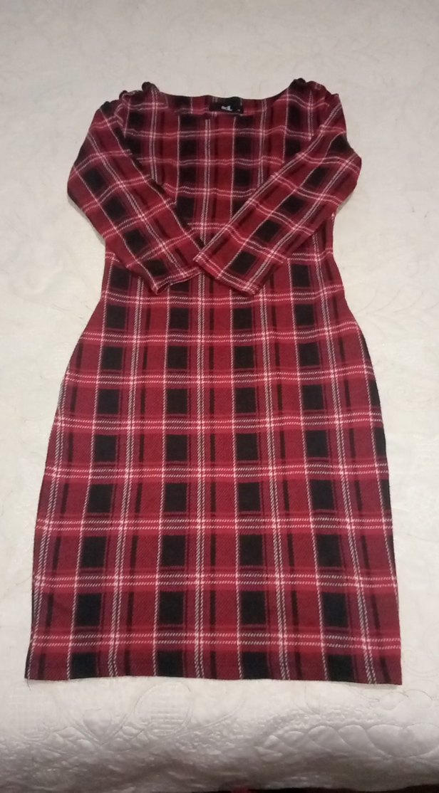 Bordo Ekose Desenli Uzun Kollu Midi Elbise - Görsel 2