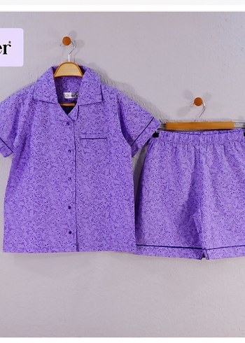 Diğer Mor Desenli Kısa Kollu Gömlek Yaka Pijama