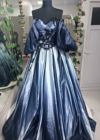 Diğer Nakışlı Mavi Gotik Uzun Kollu Abiye