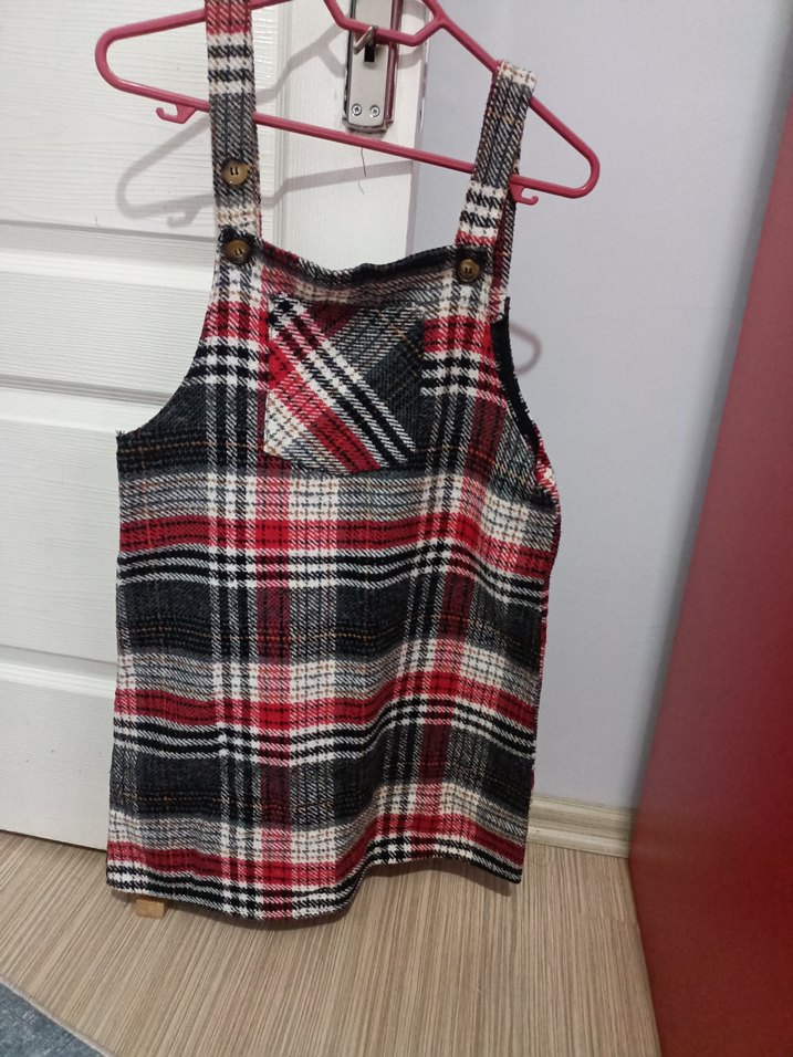 Kadın Ekose Desenli Askılı Midi Elbise - Görsel 3