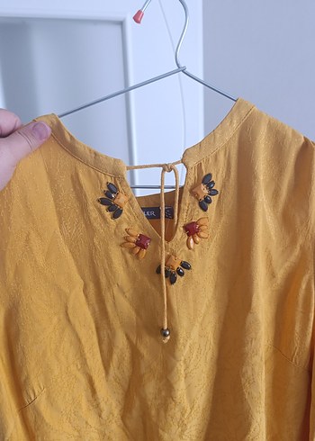 hardal rengi işlemeli ikiler yazlık elbise