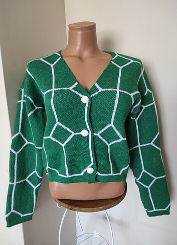 universal Beden Yeşil desenli düğmeli kısa triko ceket 