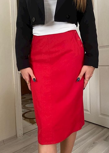 Koyu Kırmızı Düğmeli Midi Kalem Etek - Görsel 2
