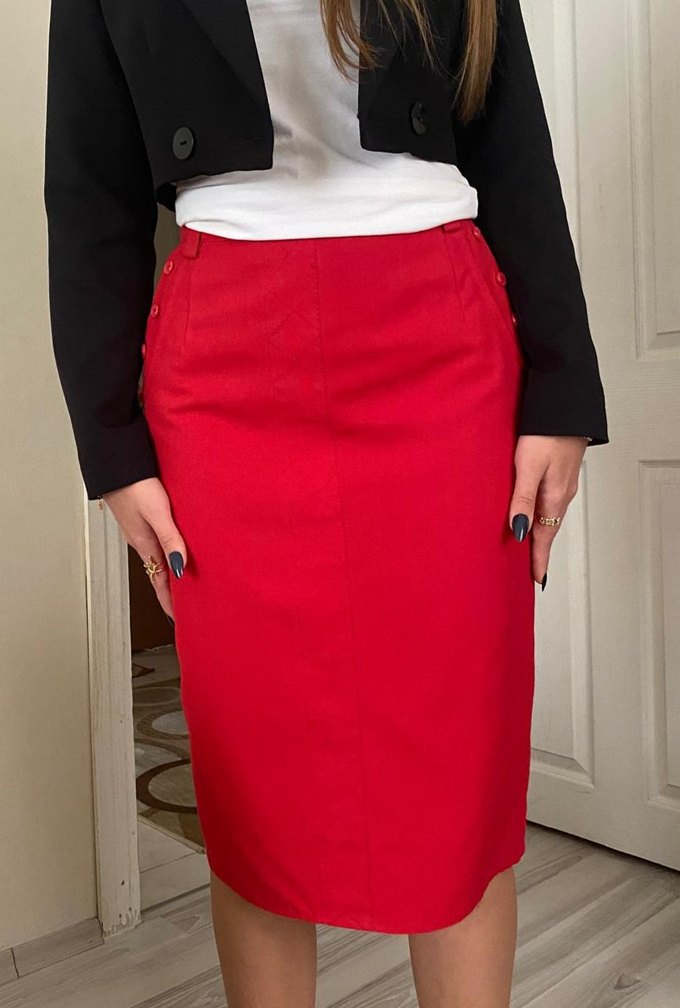 Koyu Kırmızı Düğmeli Midi Kalem Etek - Görsel 3