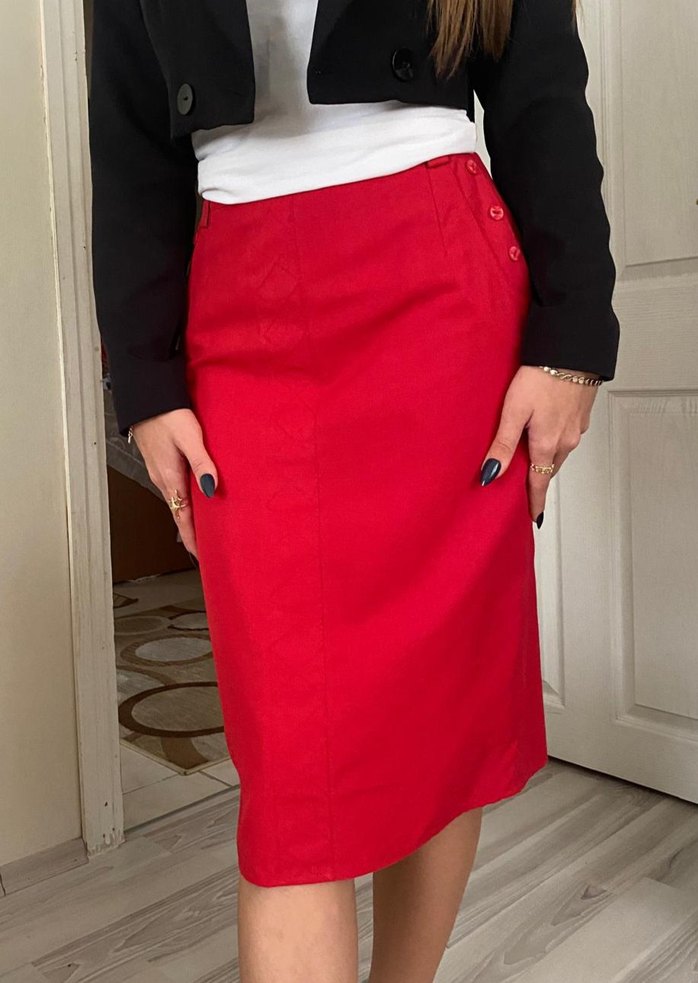 Koyu Kırmızı Düğmeli Midi Kalem Etek - Görsel 4