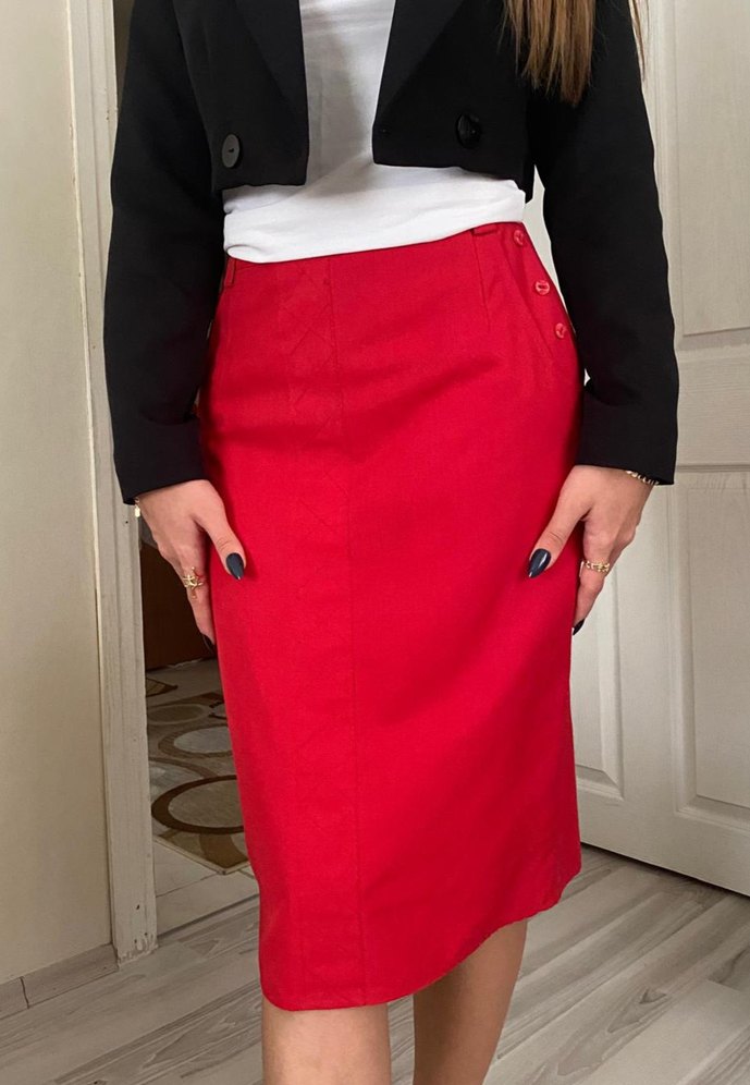 Koyu Kırmızı Düğmeli Midi Kalem Etek - Görsel 2