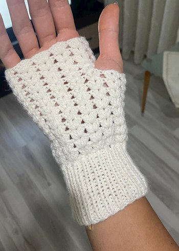 Krem Rengi Dantel Detaylı Bohem Örgü Eldiven - Görsel 5