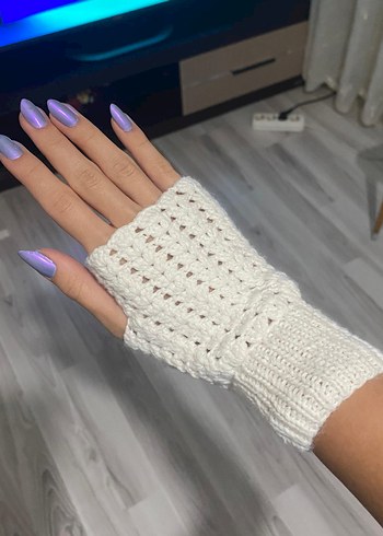 Krem Rengi Dantel Detaylı Bohem Örgü Eldiven - Görsel 3
