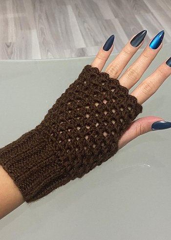 Kahverengi Örgü Bohem Kadın Eldiveni - Görsel 6